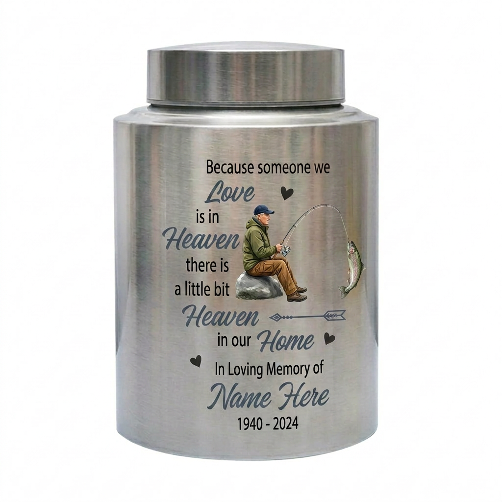 Personalized Bass Fishing Cremation Urns for Human Ashes Loss of Father Husband Fisherman Silhouette Because Someone We Love is in Heaven Quote Memorial Keepsake Urn, Memorial Gift, In Loving Memory - Image 1