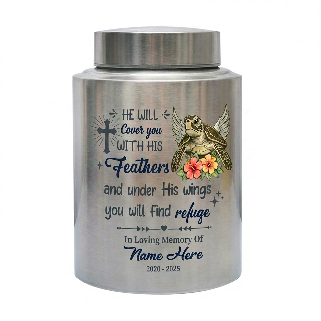 Personalized Sea Turtle Christian Cremation Urn for Human Ashes, He Will Cover You With His Feathers, Custom Name & Dates, Small & Large, Memorial Keepsake Urn, Memorial Gift, In Loving Memory - Image 1