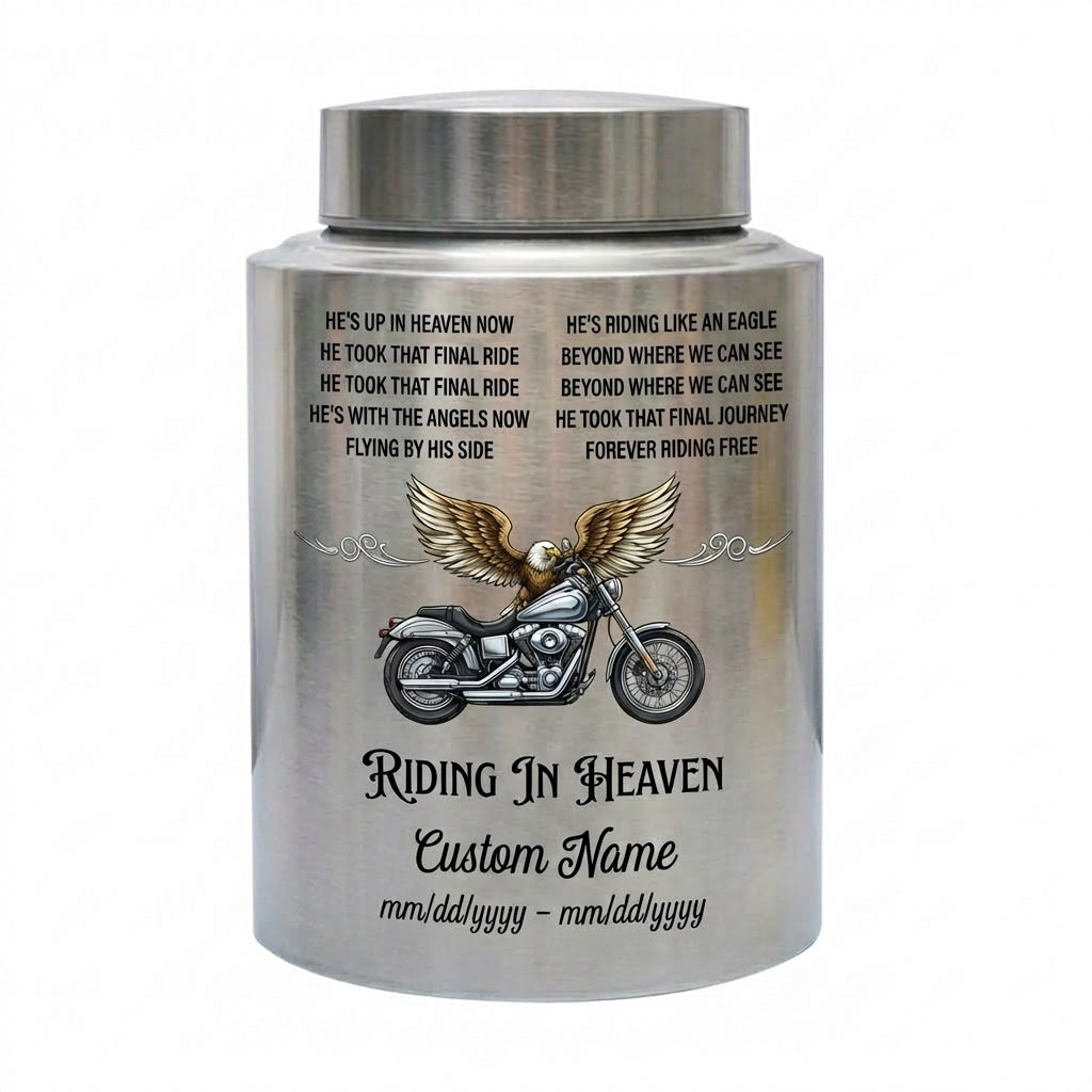 Personalized Motorcycle Riding in Heaven Stainless Steel Urn for Dad Biker Adult Male, Decorative Ash Container Small 5.9x3.9 Large 7.5x5.1, Memorial Keepsake Urn, Memorial Gift, In Loving Memory - Image 1