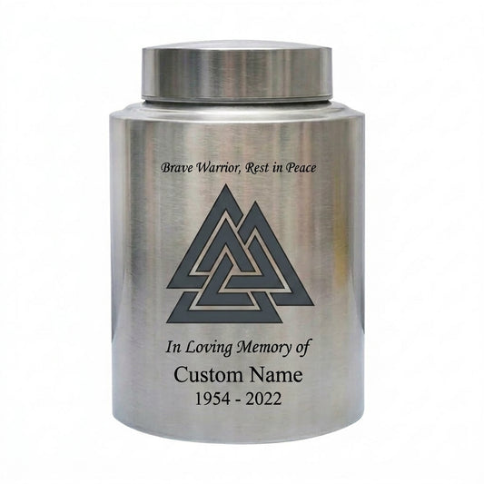Personalized Valhalla Viking Valknut Stainless Steel Urn for Human Ashes, Brave Warrior Norse Enthusiast Tribute, 4 Colors 2 Sizes, Memorial Keepsake Urn, Memorial Gift, In Loving Memory - Image 1
