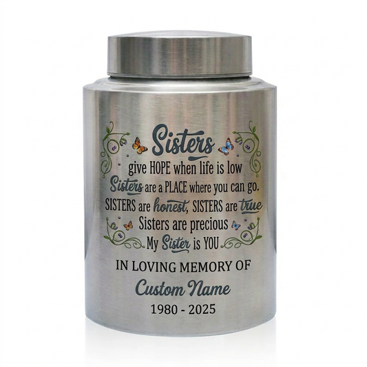 Personalized Sister Butterfly Poem Stainless Steel Cremation Urn for Human Ashes Loss of Sister Sister-in-Law Bestie Four Colors Memorial Keepsake Urn, Memorial Gift, In Loving Memory - Image 1