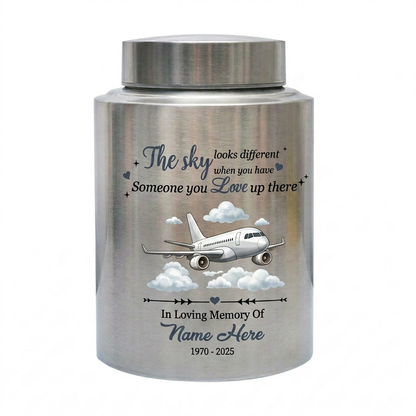 Personalized Flying Plane Pilot Cremation Urn Stainless Steel Aviation Enthusiast Adult Human Ashes UV Printed Silver Black Gold Red Small Large Memorial Keepsake Urn, Memorial Gift, In Loving Memory - Image 1