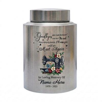 Personalized Sewing Stainless Steel Cremation Urn for Mom Grandma Crafter, Goodbyes Are Not Forever Quote Custom Name Date, Memorial Keepsake Urn, Memorial Gift, In Loving Memory - Image 1 | BXGH-SMALL-SILVER-B0FS1Y1DKY BXGH-SMALL-BLACK-B0FS1Y1DKY BXGH-SMALL-RED-B0FS1Y1DKY BXGH-SMALL-GOLDEN-B0FS1Y1DKY BXGH-LARGE-SILVER-B0FS1Y1DKY BXGH-LARGE-BLACK-B0FS1Y1DKY BXGH-LARGE-RED-B0FS1Y1DKY BXGH-LARGE-GOLDEN-B0FS1Y1DKY