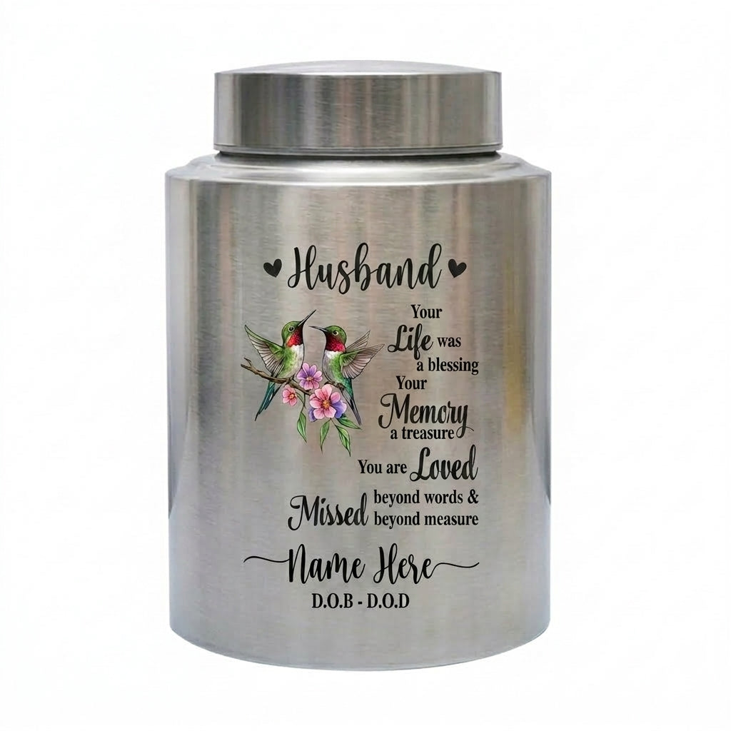 Personalized Couple in Heaven Stainless Steel UV Printed Urn Loss of Husband Bereavement Sympathy Keepsake for Widow Silver Black Red Memorial Keepsake Urn, Memorial Gift, In Loving Memory - Image 1
