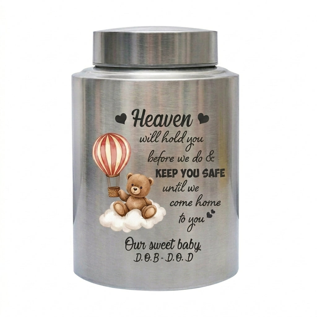 Personalized Baby Loss Heaven Will Hold You UV Print Stainless Steel Vessel for Infant Miscarriage Stillbirth Bereavement Large Decorative Silver Memorial Keepsake Urn, Memorial Gift, In Loving Memory - Image 1