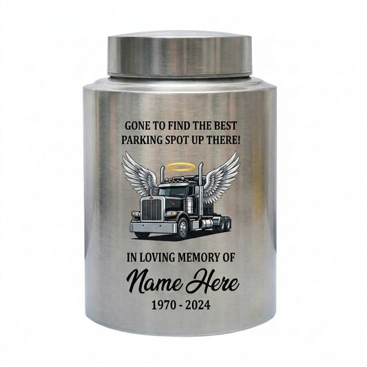 Personalized Semi Truck Angel Wings Stainless Steel Large Urn for Truck Driver Dad Husband Funeral Adult Male Ashes Holder 4 Colors 2 Sizes Memorial Keepsake Urn, Memorial Gift, In Loving Memory - Image 1