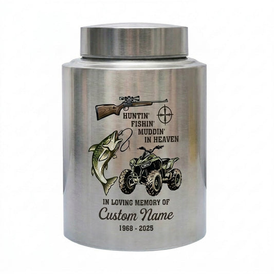 Personalized Bass Fishing Huntin Fishin Muddin In Heaven Stainless Steel Urn for Dad Grandpa Fisherman Hunter Outdoorsman Ashes Large Memorial Keepsake Urn, Memorial Gift, In Loving Memory - Image 1