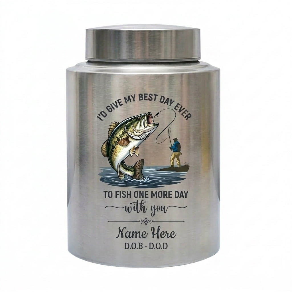 Personalized Bass Fishing Fisherman Stainless Steel UV Print For Dad Grandpa Husband Fishing Lover Bereavement Tribute Custom Name Dates Memorial Keepsake Urn, Memorial Gift, In Loving Memory - Image 1