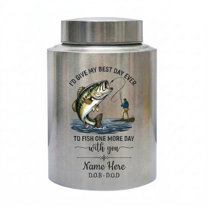 Personalized Bass Fishing Fisherman Stainless Steel UV Print For Dad Grandpa Husband Fishing Lover Bereavement Tribute Custom Name Dates Memorial Keepsake Urn, Memorial Gift, In Loving Memory - Image 1