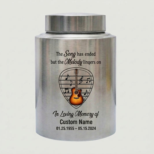 Personalized Adult Musician Theme UV Printed Metal Cremation Urn for Ashes, Music Lover Bereavement Ash Holder for Loss of Family Member, Memorial Keepsake Urn, Memorial Gift, In Loving Memory - Image 1