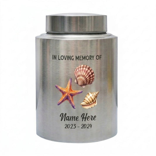 Personalized Beach Design Stainless Steel Urn for Loss of Loved One, Custom Decorative Keepsake for Home Display in Multiple Colors, Memorial Keepsake Urn, Memorial Gift, In Loving Memory - Image 1