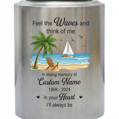 Personalized Beach Ocean Waves Design Stainless Steel Urn for Human Ashes, Loss of Loved One Funeral Bereavement Remembrance Tribute, 2 Sizes, Memorial Keepsake Urn, Memorial Gift, In Loving Memory - Image 1