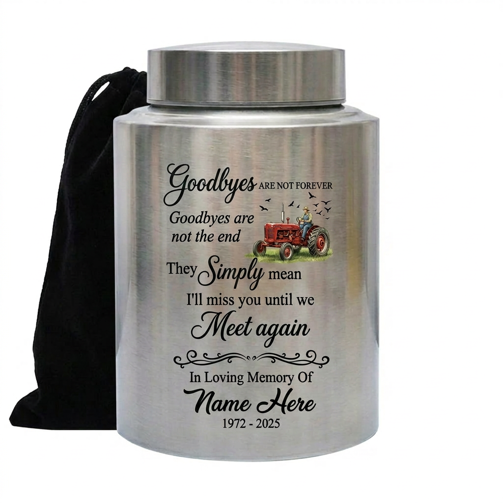Personalized Farmer Memorial Stainless Steel Ash Holder with Flying Birds Goodbyes Are Not Forever Quote for Loss of Father Grandfather Memorial Keepsake Urn, Memorial Gift, In Loving Memory - Image 1