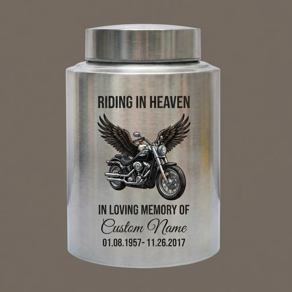 Personalized Motorcycle Riding in Heaven Stainless Steel Ash Holder for Adult Male Dad Biker Funeral Display Large Capacity Memorial Keepsake Urn, Memorial Gift, In Loving Memory - Image 1