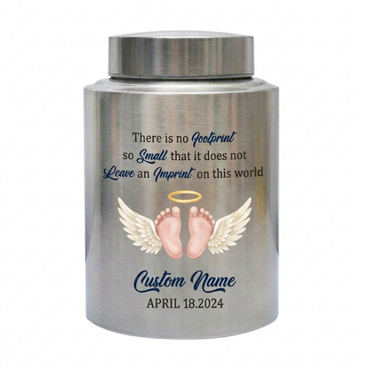 Personalized Angel Baby Footprint Stainless Steel Cremation Urn, Infant Loss Remembrance Container, Grieving Parent Sympathy Present, Memorial Keepsake Urn, Memorial Gift, In Loving Memory - Image 1