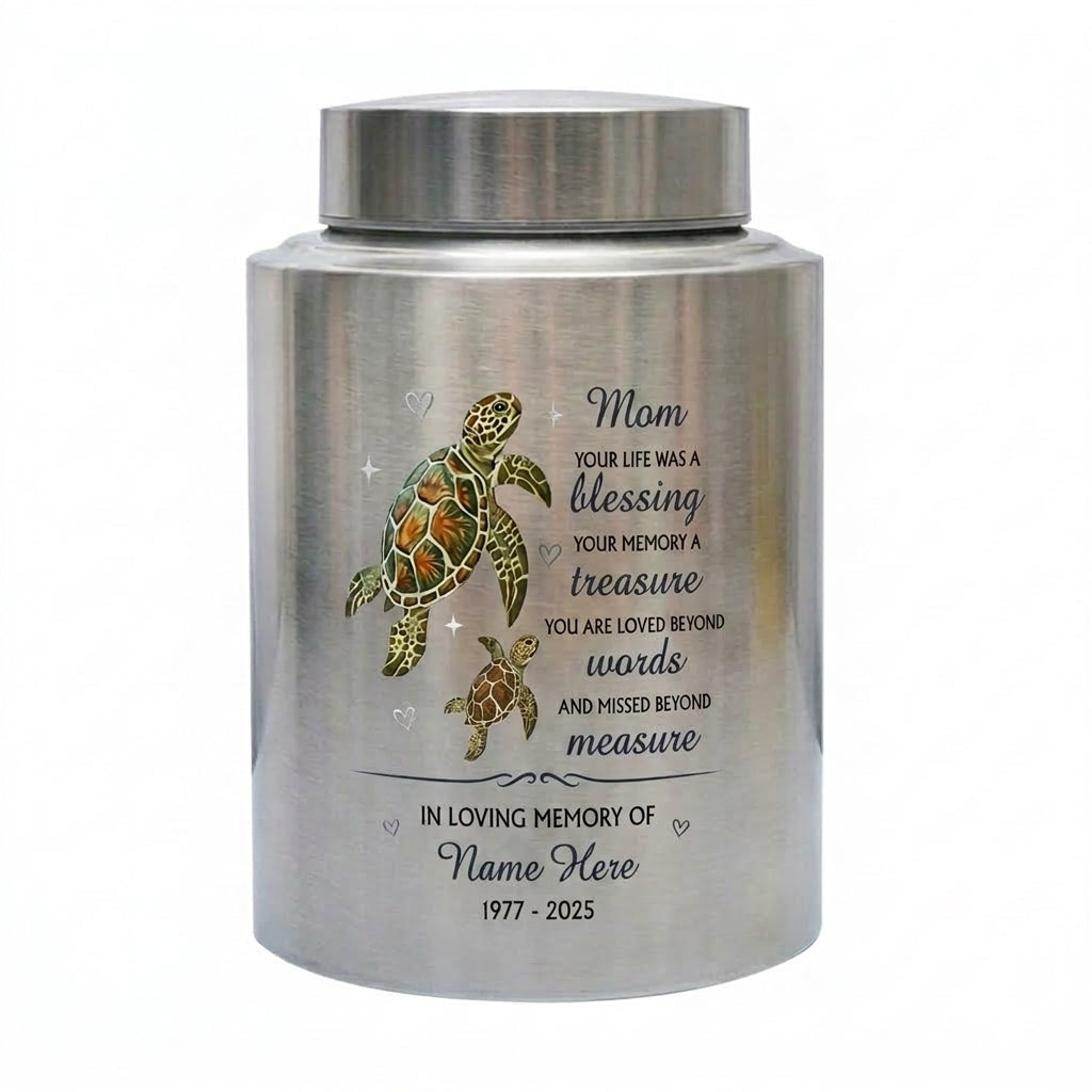 Personalized Sea Turtle Mom Stainless Steel Mother Bereavement Funeral Ash Holder Adult Female Decorative Vessel Silver Black Gold Red Memorial Keepsake Urn, Memorial Gift, In Loving Memory - Image 1