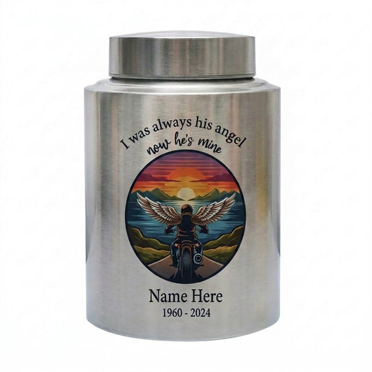 Personalized Motorcycle Riding in Heaven UV Printed Stainless Steel Urn for Dad Husband Adult Male Ashes Bereavement Large or Small 4 Colors Memorial Keepsake Urn, Memorial Gift, In Loving Memory - Image 1
