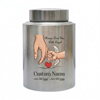 Personalized Holding Hands Stainless Steel Urn for Baby Boy Girl, Custom Little Angel Infant Child Loss Bereavement Tribute, Small Large, Memorial Keepsake Urn, Memorial Gift, In Loving Memory - Image 1