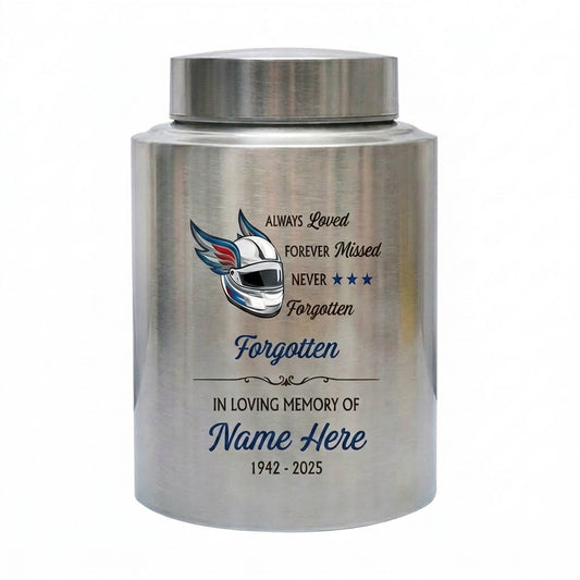 Personalized Racing Victory Stainless Steel Cremation Urn for Human Ashes Motorsports Fan Remembrance Bereavement Tribute 5.9x3.9 7.5x5.1 Memorial Keepsake Urn, Memorial Gift, In Loving Memory - Image 1