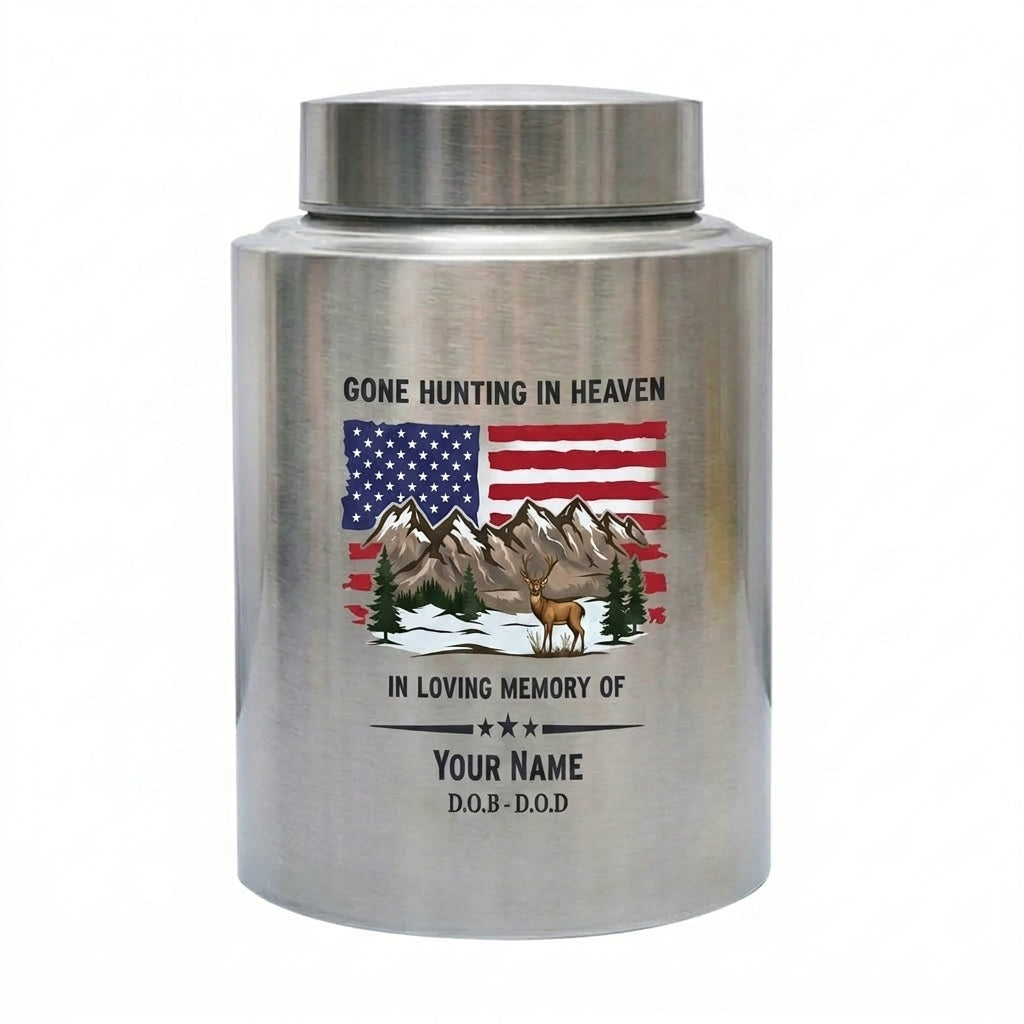 Personalized Deer Hunting Stainless Steel Gone Hunting in Heaven Outdoorsman Tribute Adult Ashes Holder for Dad Husband Hunter Large Urn Memorial Keepsake Urn, Memorial Gift, In Loving Memory - Image 1