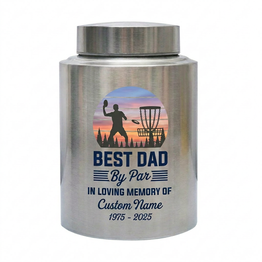 Personalized Disc Golf Dad By Par Sunset UV Printed Stainless Steel Cremation Vessel for Father Loss Sympathy Adult Ashes Small Large Sizes Memorial Keepsake Urn, Memorial Gift, In Loving Memory - Image 1
