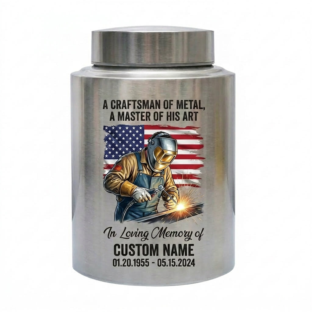 Personalized Welder Craftsman Stainless Steel Cremation Urn for Human Ashes, Custom Name Date Bereavement Sympathy Gift for Father Husband, Memorial Keepsake Urn, Memorial Gift, In Loving Memory - Image 1