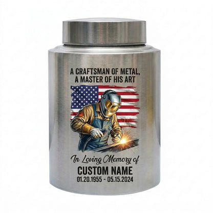 Personalized Welder Craftsman Stainless Steel Cremation Urn for Human Ashes, Custom Name Date Bereavement Sympathy Gift for Father Husband, Memorial Keepsake Urn, Memorial Gift, In Loving Memory - Image 1