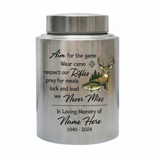 Personalized Deer Hunting Bass Fishing Stainless Steel Urn for Adult Human Ashes, Hunter Outdoorsman Camo Rifle Decor Two Sizes, Memorial Keepsake Urn, Memorial Gift, In Loving Memory - Image 1