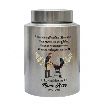 Personalized Grilling Dad BBQ Father UV Printed Stainless Steel Ash Holder Tribute for Husband Grandpa Silver Black Gold Red Small Large Memorial Keepsake Urn, Memorial Gift, In Loving Memory - Image 1