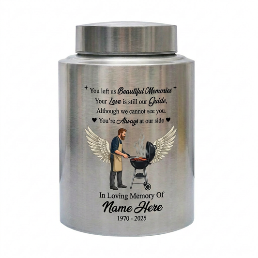 Personalized Grilling Dad BBQ Father UV Printed Stainless Steel Ash Holder Tribute for Husband Grandpa Silver Black Gold Red Small Large Memorial Keepsake Urn, Memorial Gift, In Loving Memory - Image 1
