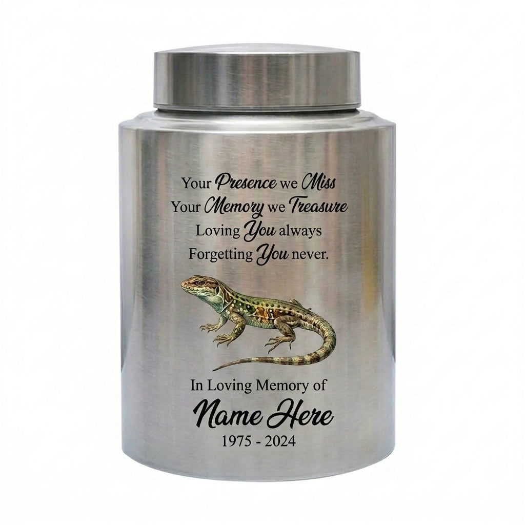 Personalized Iguana Lizard Gecko UV Printed Stainless Steel Remembrance Ash Urn for Adult Child Pet Reptile Lover Silver Black Gold Memorial Keepsake Urn, Memorial Gift, In Loving Memory - Image 1