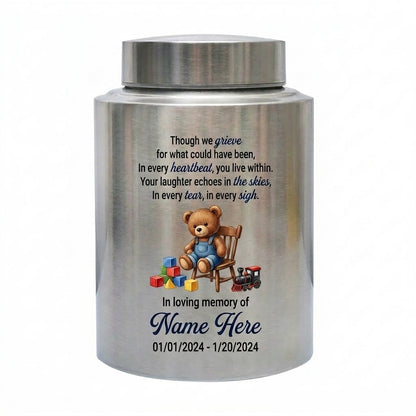 Personalized Teddy Bear Baby Infant Loss UV Printed Stainless Steel Miscarriage Remembrance Grieving Parent Sympathy Gift Cremation Ash Holder Memorial Keepsake Urn, Memorial Gift, In Loving Memory - Image 1