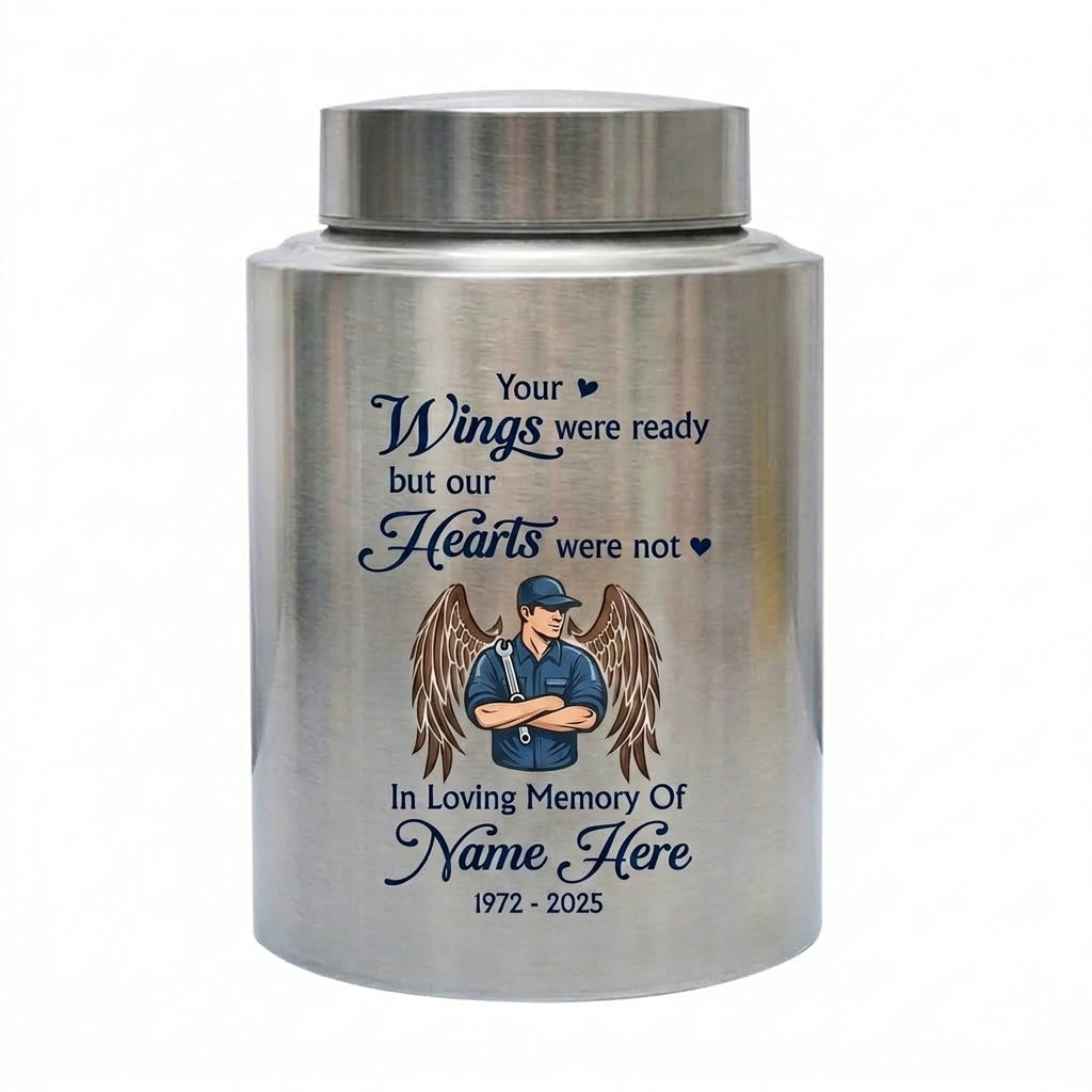 Personalized Mechanic Wings Were Ready But Our Hearts Were Not UV Printed Ash Holder For Dad Father Husband Loss Support Memorial Keepsake Urn, Memorial Gift, In Loving Memory - Image 1