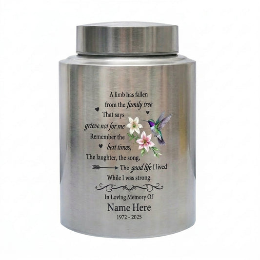 Personalized Hummingbird UV Printed Stainless Steel Cremation Ash Holder Family Tree Loss Sympathy Bereavement 4 Colors 2 Sizes Memorial Keepsake Urn, Memorial Gift, In Loving Memory - Image 1
