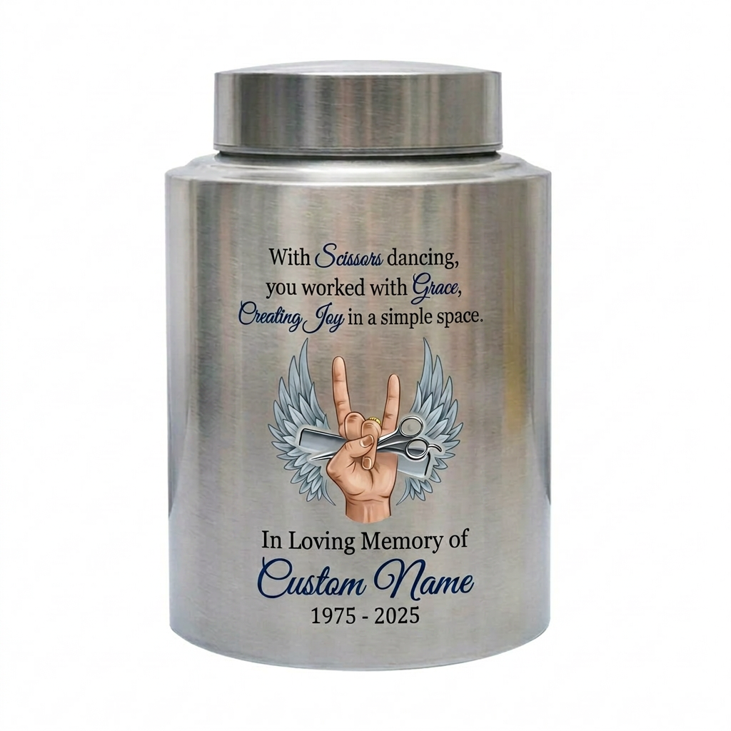 Personalized Master Barber Hair Stylist UV Printed Stainless Steel Cremation Urn for Ashes Custom Name Date Hairdresser Colleague Memorial Keepsake Urn, Memorial Gift, In Loving Memory - Image 1