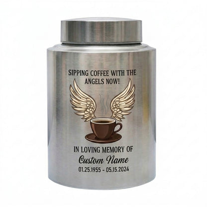 Personalized Coffee Theme Stainless Steel Cremation Urn for Ashes, Custom Name and Date Tribute for Coffee Lover, Large Size Options, Memorial Keepsake Urn, Memorial Gift, In Loving Memory - Image 1