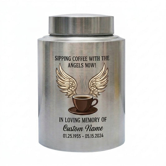 Personalized Coffee Theme Stainless Steel Cremation Urn for Ashes, Custom Name and Date Tribute for Coffee Lover, Large Size Options, Memorial Keepsake Urn, Memorial Gift, In Loving Memory - Image 1