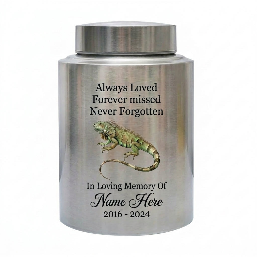 Personalized Iguana Cremation Urn for Human Ashes Stainless Steel Custom Name Dates UV Printed Reptile Lover Sympathy Keepsake 2 Sizes Memorial Keepsake Urn, Memorial Gift, In Loving Memory - Image 1
