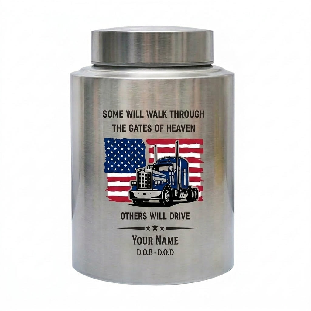 Personalized Semi Truck Angel Wings Stainless Steel Cremation Urn for Truck Driver Dad Male, 2 Sizes, Funeral Bereavement Tribute, Memorial Keepsake Urn, Memorial Gift, In Loving Memory - Image 1