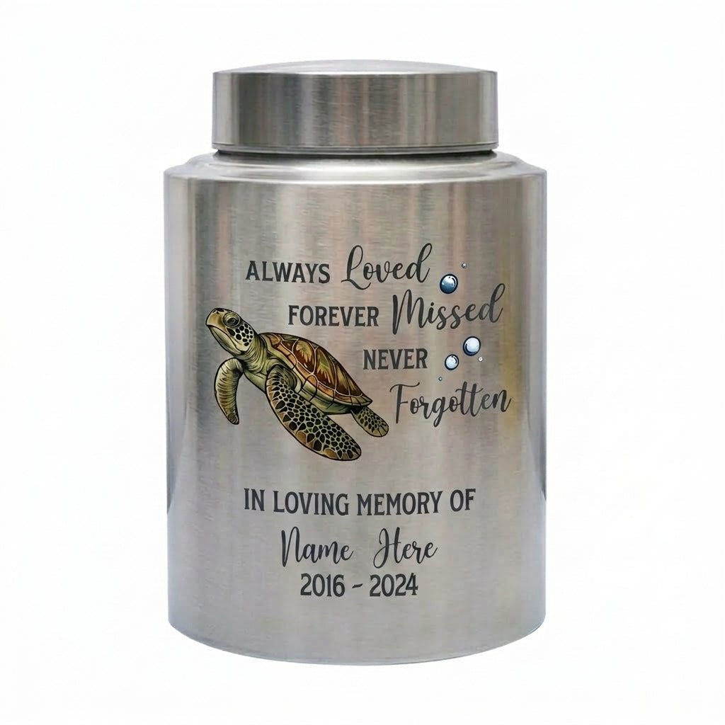 Personalized Sea Turtle Ocean Animal UV Print Custom Urn for Pet Ashes Loved One Loss Bereavement Condolence Present Decorative Metal Display Memorial Keepsake Urn, Memorial Gift, In Loving Memory - Image 1