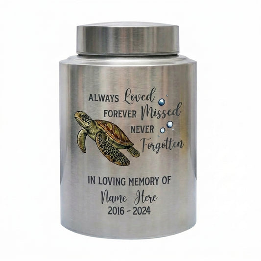Personalized Sea Turtle Ocean Animal UV Print Custom Urn for Pet Ashes Loved One Loss Bereavement Condolence Present Decorative Metal Display Memorial Keepsake Urn, Memorial Gift, In Loving Memory - Image 1