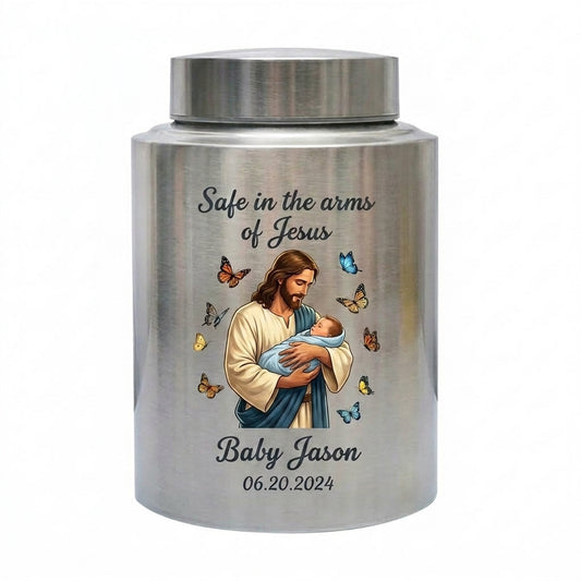Personalized Baby Jesus Stainless Steel Urn for Infant Child Boy Girl Safe in the Arms of Jesus Decorative Bereavement Container Two Sizes Memorial Keepsake Urn, Memorial Gift, In Loving Memory - Image 1