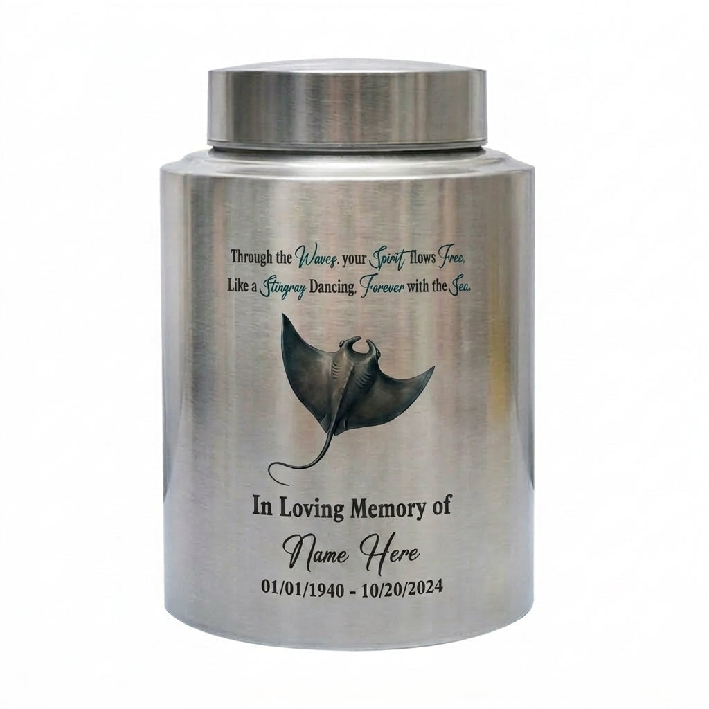Personalized Stingray Beach Ocean Waves UV Printed Stainless Steel Urn for Loss of Loved One Marine Life Lover Large Ash Container Two Sizes Memorial Keepsake Urn, Memorial Gift, In Loving Memory - Image 1