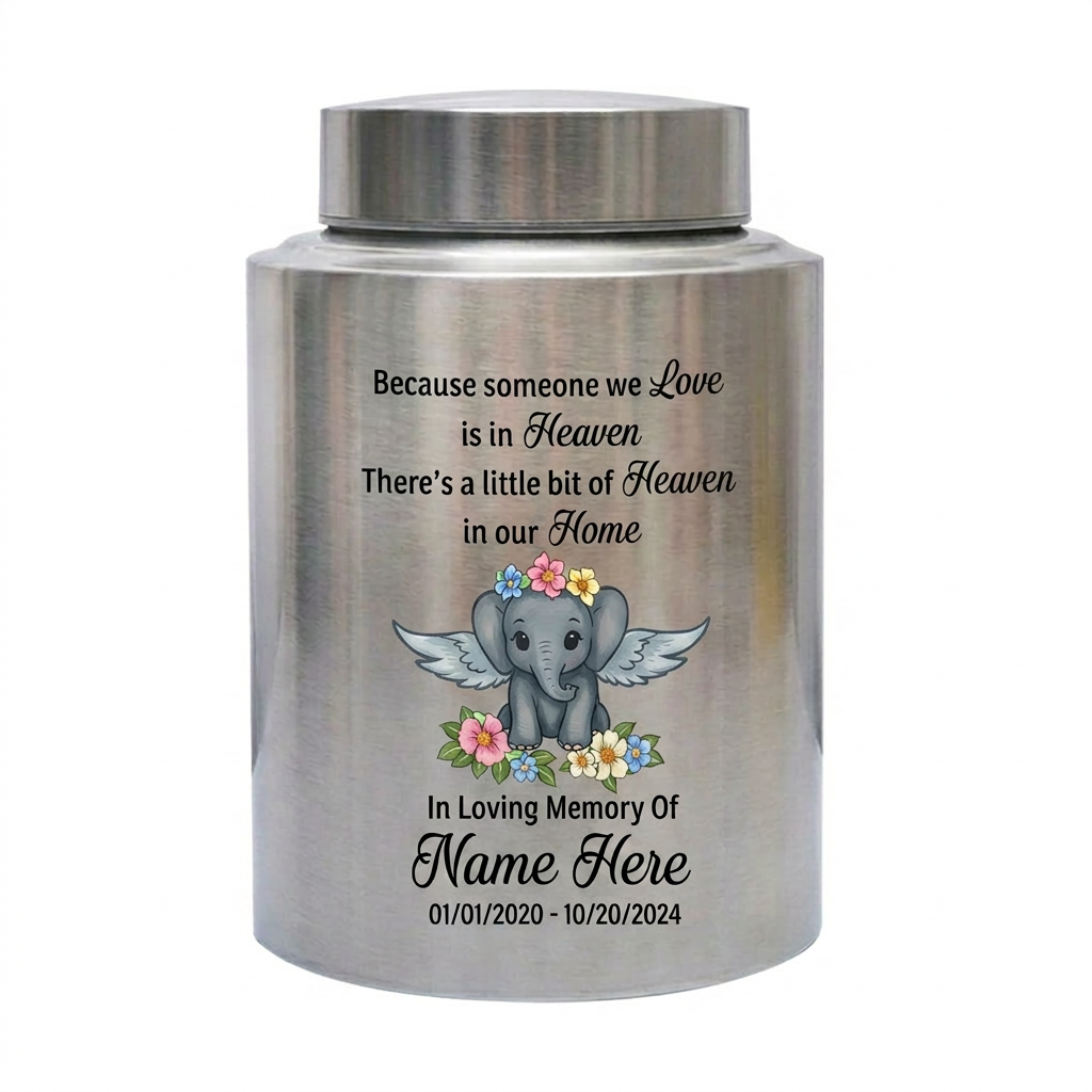Personalized Baby Elephant Stainless Steel Cremation Urn for Infant Boy Girl Ashes Custom Because Someone We Love is in Heaven UV Print Decor Memorial Keepsake Urn, Memorial Gift, In Loving Memory - Image 1