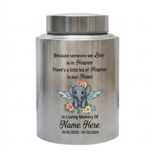 Personalized Baby Elephant Stainless Steel Cremation Urn for Infant Boy Girl Ashes Custom Because Someone We Love is in Heaven UV Print Decor Memorial Keepsake Urn, Memorial Gift, In Loving Memory - Image 1