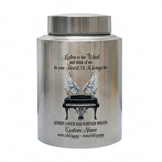 Personalized Piano Angel Wings Music Lover Stainless Steel Large Burial Urn For Adult Ashes Listen To The Wind Quote Silver Black Gold Red Memorial Keepsake Urn, Memorial Gift, In Loving Memory - Image 1