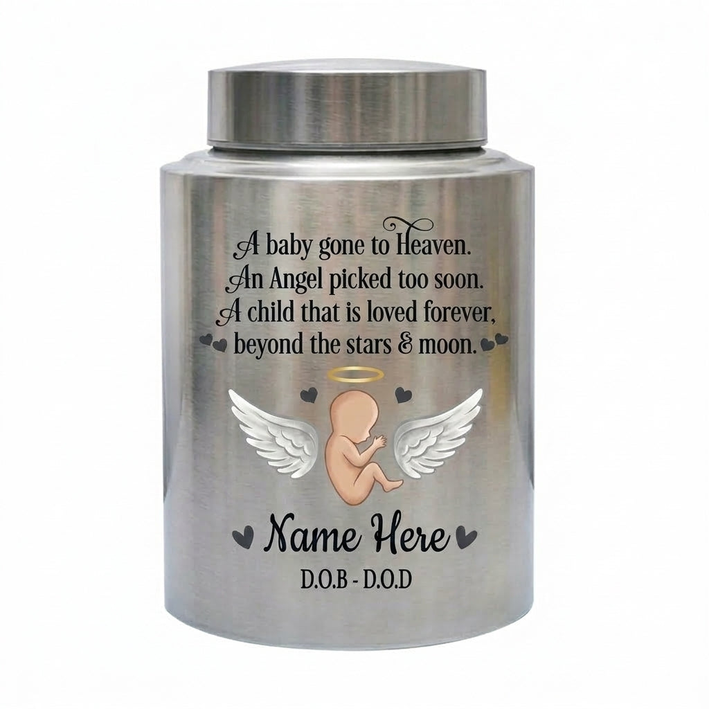 Personalized Baby Angel Stainless Steel Cremation Urn, Infant Loss Bereavement Miscarriage Keepsake for Grieving Parents, UV Printed Memorial Keepsake Urn, Memorial Gift, In Loving Memory - Image 1