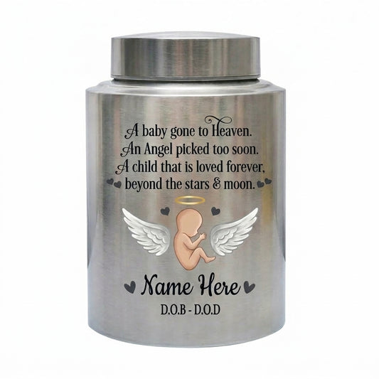 Personalized Baby Angel Stainless Steel Cremation Urn, Infant Loss Bereavement Miscarriage Keepsake for Grieving Parents, UV Printed Memorial Keepsake Urn, Memorial Gift, In Loving Memory - Image 1