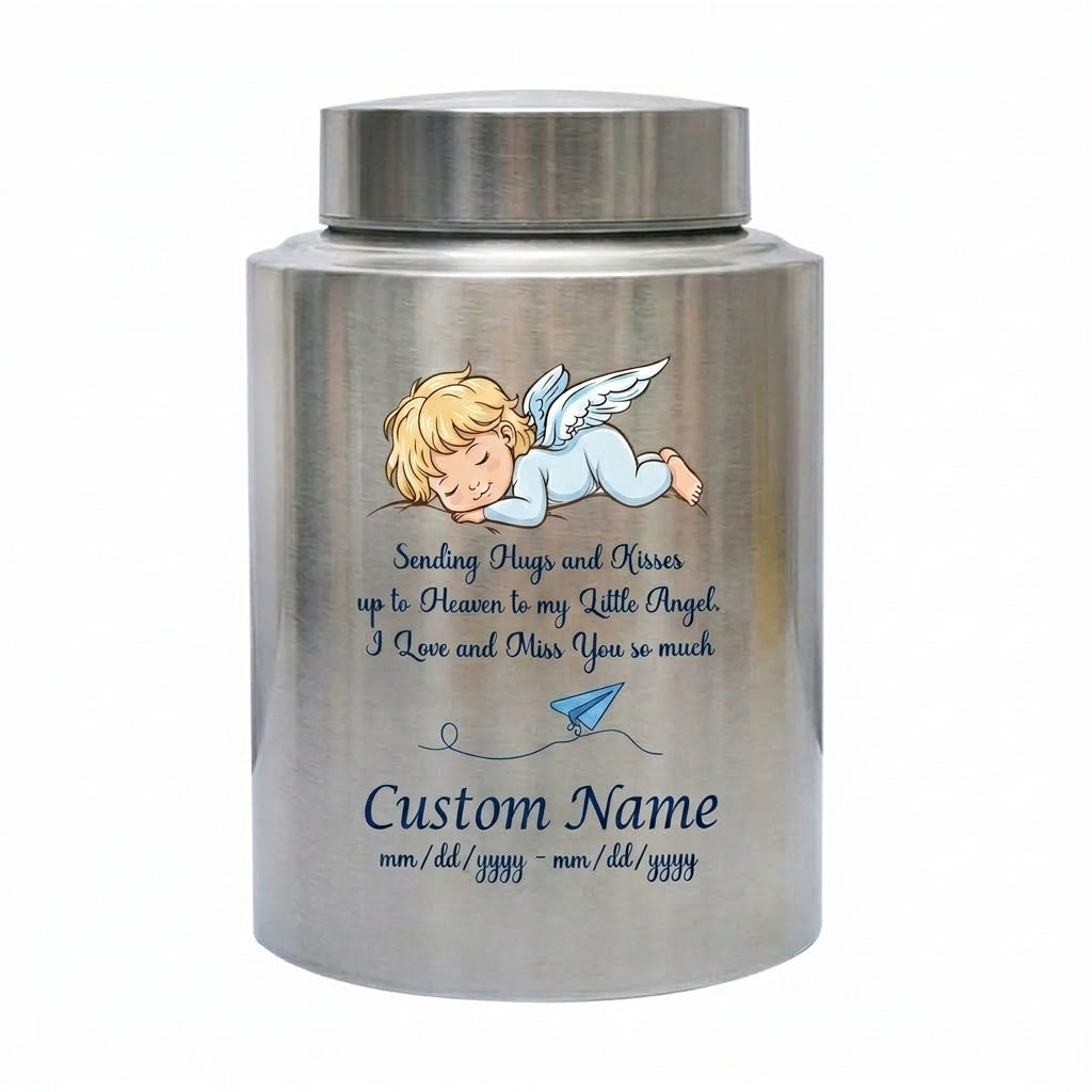 Personalized Little Angel Paper Airplane Stainless Steel Urn Infant Loss Child Remembrance Custom Name Dates Silver Black Gold Red Memorial Keepsake Urn, Memorial Gift, In Loving Memory - Image 1