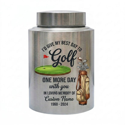 Personalized Golf Player Memorial UV Printed Stainless Steel Urn for Father Grandfather Golfer Enthusiast Adult Human Ashes 2 Sizes Memorial Keepsake Urn, Memorial Gift, In Loving Memory - Image 1
